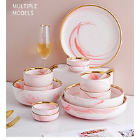 Bộ Bát Đĩa 26 Món Vân Đá Cẩm Thạch Viền Vàng 2 Màu Cao Cấp Xưởng Gốm TM (Tặng Kèm 06 Đôi Đũa)