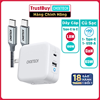 Bộ Củ Sạc Laptop, Macbook 65W CHOETECH PD8002 GaN Tech + Type C to C 100W 1.8M XCC-1002-GY - Hàng Chính Hãng