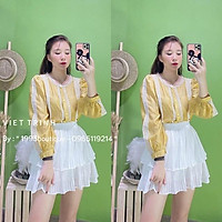 Áo sơ mi pha ren 3 màu trắng, vàng, xanh siêu xinh. Size S M
