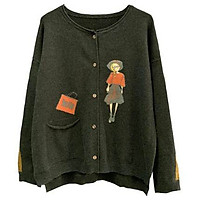 Áo cardigan len nữ cổ tròn thêu hình cô gái LAHstore, thời trang phong cách trẻ - Xanh rêu