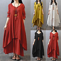 ZANZEA Boho Long Maxi Dress Women Casual Solid Cotton Linen Vestidos Plus Size Elegant Loose Full Sleeve V-Neck Dress Black