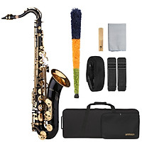ammoon B-flat Tenor Saxophone Bb Black Lacquer Sax with Instrument Case Mouthpiece Reed Neck Strap Cleaning Cloth Brush