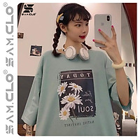 Áo thun tay lỡ nữ freesize - Áo phông form rộng dáng Unisex, mặc lớp, nhóm, cặp in hình hoa cúc chữ TODAY SOUL màu xanh