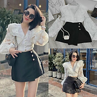 .Set áo ren croptop tay dài kèm chân váy đen ngắn đắp bộ thời trang tiểu thư girl đi chơi dạo phố sang trọng dễ thương M