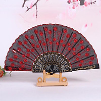 Quạt cổ trang họa tiết lông công nan nhựa nền đỏ quạt trúc cầm tay quạt phong cách cổ trang Trung Quốc in hoa trang trí trang trí cosplay tặng ảnh thiết kế vcone