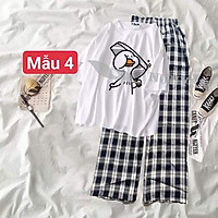 Sét bộ áo thun hình cute + quần kẻ ống rộng 90
