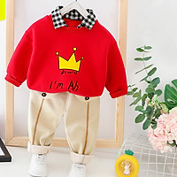 Bộ bé trai lót lông áo vương miện đỏ, quần trắng sữa TE1905