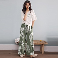 Bộ mặc nhà cotton quần suông loe xanh lá trắng
