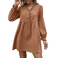 Women Long Sleeve Mini Dress Ruffles V Neck Buttons High Waist Loose Dress