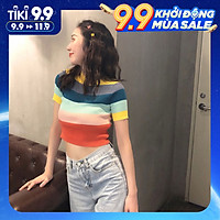 Áo Thun Tay Ngắn Cổ Tròn Họa Tiết Kẻ Sọc Cầu Vồng Phong Cách Retro