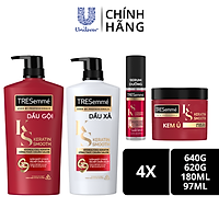 Combo Dầu Gội, Dầu Xả, Kem Ủ, Serum TRESEMME Keratin Smooth Cho tóc khô xơ rối Công thức Hydrolyzed Keratin Dưỡng Tóc Vào Nếp Suôn Mượt 640g, 620g, 180ml, 97ml