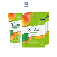 Combo Sữa rửa mặt tẩy tế bào chết Chiết xuất trái mơ St.Ives 170g + Bộ mặt nạ dưỡng da St.Ives Glowing 69ml (23mlx3)