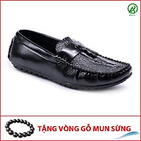 Giày Mọi Nam Đẹp Đế Khâu Có Chuông Vân Cá Sấu Màu Đen Sang Trọng - M117(GM)- Kèm Vòng Gỗ Mun