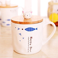 Cốc sứ có kèm thìa và nắp mèo gỗ xinh xắn 400ml - LOẠI 1