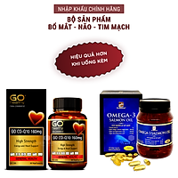 Bộ sản phẩm nhập khẩu chính hãng giúp bổ mắt, bổ não, bổ tim mạch gồm: Viên uống omega 3 dầu cá hồi OMEGA 3 SALMON OIL (180 viên) và viên uống bổ tim GO CO Q10 160mg (30 viên)