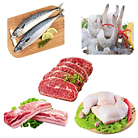 Combo 88: 1kg Cá saba Nhật + 1kg Tôm thẻ lột vỏ còn đuôi + 500gr Lõi vai bò Mỹ + 1kg Ba chỉ heo rút sườn + 1kg Đùi gà góc tư