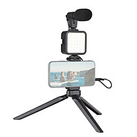 Vlog Shooting Kit Mini LED Video Light + Super Cardioid Condenser Microphone + Extendable Phone Clip + Tripod with 3