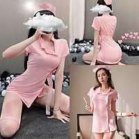 Cosplay y tá hồng cộc tay có mũ đồ hóa trang bar sàn đồ ngủ quyến rũ