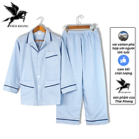 Bộ pijama nam dài tay trung niên vải cotton mặc mát thoải mái cho người già loại bộ đồ trung niên pijama mặc nhà loại caro (Giao ngẫu nhiên)