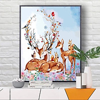Tranh sơn dầu số hoá tự tô đã căng khung gia đình hươu