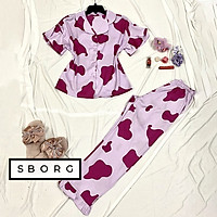 Bộ pijama nữ mặc nhà SBORG đồ bộ lụa latin cao cấp họa tiết bò sữa trendy đáng yêu tay ngắn quần dài phối bèo dễ thương có túi sâu bigsize 45-60kg quà tặng vợ, thoải mái mặc nhà, ngủ hoặc đi ra ngoài