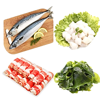 Combo 54: 1kg Cá saba Nhật + 500gram Cồi sò điệp VN 60-80 + 500gram Ba chỉ bò Mỹ cuộn + 300gram Rong biển tươi