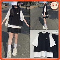 Set 2 áo ngắn tay KA Closet Set đồ nữ gồm áo trắng tay lỡ và áo gile rách chỉ nổi