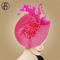 FS Vàng Ống Hút Lớn Vành Tròn Fedora Nữ Vàng Derby Lông Vũ Hoa Giáo Hội Fascinator Cho Đám Cưới Mũ Cocktail Cô Dâu Phụ Kiện