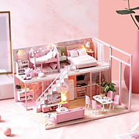 Nhà búp bê barbie bằng gỗ lắp ghép có nội thất và đèn như hình L027 Tặng Mica Tặng kèm keo dán,dụng cụ lắp ghép, mica