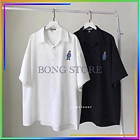 Áo sơ mi trắng nữ (HÀNG CAO CẤP), Áo sơ mi nữ trắng thêu gấu bassic 2 màu trắng/đen dáng rộng unisex siêu đẹp.