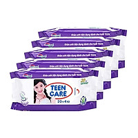 Combo 5 Gói Khăn Ướt Teencare 20 Miếng/ gói - Hương Nước Hoa ( Màu Tím)