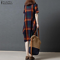 ZANZEA Women Fashion Casual Cotton Linen Long Shirt Dress Summer New Retro Plaid Check Lapel Collar Loose Mide Sundress (Orange)