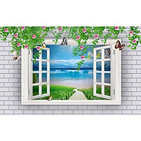 Tranh dán tường 3D cửa sổ con đường cảnh biển - vải lụa phủ kim sa