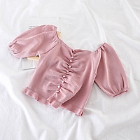 IELGY Pure color wild simple temperament bubble sleeve ruffled knit Chemises