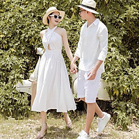 Set Áo váy đôi sơ mi cổ đắp chéo màu trắng lôi cuốn đồ cặp tình nhân đi biển đi chơi - Smice House