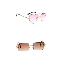 Rimless Sunglasses Women 2 Shape UV400 Eyewear Sun Glasses Pink+Brown