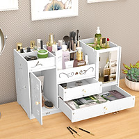 Kệ đựng mỹ phẩm, để đồ trang điểm, đồ trang sức, kệ gỗ để bàn kèm gương trang điểm cao cấp - Tặng kèm móc khóa khung hình thời trang