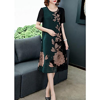 Đầm Suông Tuổi Trung Niên Dạo Phố Đẹp Nhiều Size Kiểu Đầm Suông In Hoa Cổ Bèo Giọt Nước - THỜI TRANG TRUNG NIÊN NỮ CAO CẤP ROMI 3313 - XANH LÁ HOA SEN 3226 - L 53-58KG