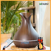 Combo máy khuếch tán, máy xông tinh dầu N'Farm hình bình hoa + tinh dầu cam hương N'Farm (10ml)/ Phun sương sóng siêu âm/ Có remote điều khiển.