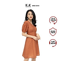 Đầm Chữ A Nhấn Eo Cao Cổ V K&K Fashion KK106-21 Màu Cam Vải Voan Mềm Mại