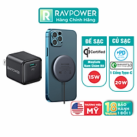 Bộ Sạc Không Dây MagSafe Nam Châm 15W RAVPower RP-WC012-WC-B Kèm Củ Sạc Type C 20W Dành Cho iPhone 12, iPhone 13 - Hàng Chính Hãng