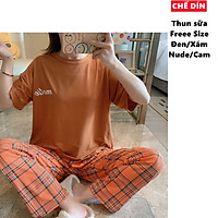 Đồ bộ nữ đồ bộ dài bộ pyjama đồ mặc nhà nữ thun sữa form rộng free size áo tay ngắn quần dài caro kiểu Hàn Quốc free size