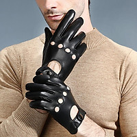 Men’s Retro Black Real Leather Driving Gloves Screen Touch Motorcycle Gloves