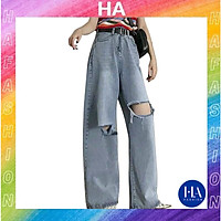 Quần Jean Nữ Ống Rộng H&A Fashion Lưng Cao Màu Xanh Xám Rách Gối TBQBB2046