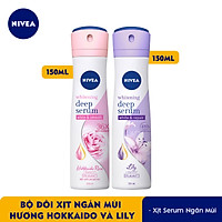 Bộ đôi Xịt Ngăn Mùi Nivea Serum Trắng Mịn Hương Hoa Hồng Hokkaido (150ml) 85304 & Xịt Ngăn Mùi Nivea Serum Trắng Mịn Hương Hoa Lily (150ml) 85312
