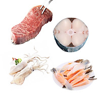 Combo 17: 200gr Thăn ngoại bò Fuji Nhật + 500gr cá thu cắt khoanh + 1Kg mực ống làm sạch đặc biệt + 1Kg vây cá hồi.
