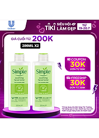 Combo 2 Nước hoa hồng Simple Toner làm dịu và cân bằng độ ẩm cho da – lành tính không chứa cồn 200ml tặng kèm 1 nước tẩy trang Simple 200ml [Chính…