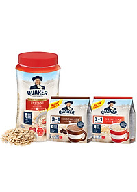 Combo Yến Mạch Thượng Hạng: Yến Mạch Ăn Liền Quaker Hũ 600g & Thức Uống Yến Mạch Quaker 3in1 Vị Chocolate, Truyền Thống