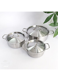 Bộ Nồi Inox 430 cao cấp 1 Đáy Fivestar 3 Chiếc Nắp Inox , dùng được mọi bếp , tặng 1 rổ inox 22cm