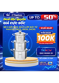 Bộ 3 Nồi Inox 304 Đáy Từ 5 Đáy Nagakawa NAG1351 (16cm, 20cm, 24cm) – Hàng Chính Hãng